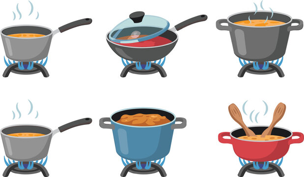 Cooking pots on stove set, kitchen food preparation collection with boiling soup frying pan and hot meals