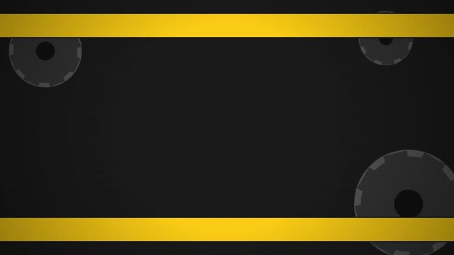 Abstract industrial background with dark grey gears and bright yellow horizontal stripes on a black surface.