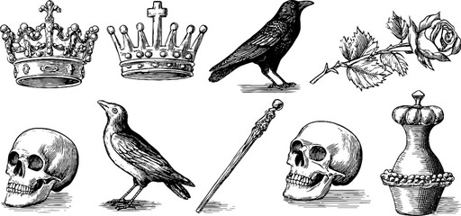 Obraz premium Crowns skulls and ravens arranged on white background