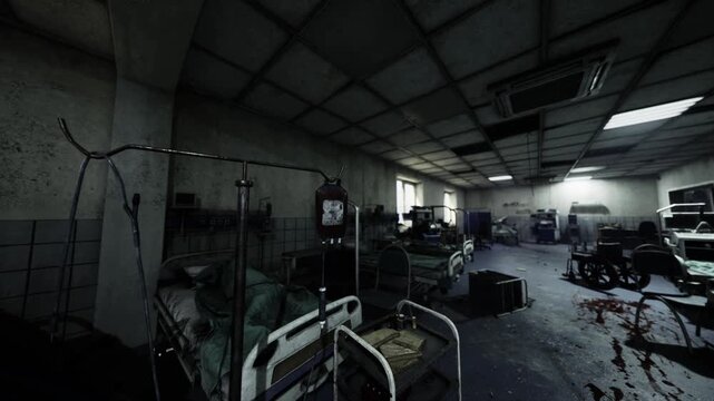 Abandoned makeshift ward with rows of empty beds and displaced carts, deflated atmosphere with overturned trolleys and tangled linens, natural light filtering