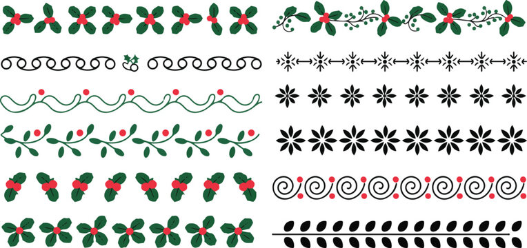 Ornamental christmas dividers set including holly berries festive floral flourishes snowflake borders and decorative lines.