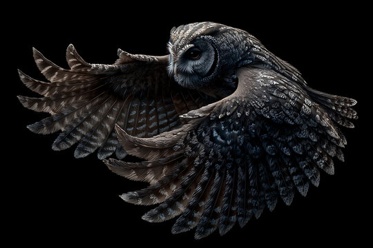 A powerful dark owl with its impressive wings fully outstretched captures a dramatic mid-flight moment against a stark black background, showcasing its intricate feather patterns and commanding presen