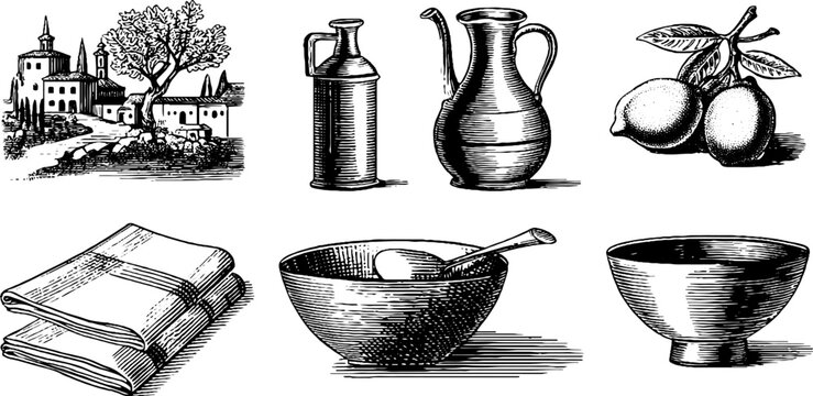 Bowl spoon and folded linens beside village sketch and oil bottle