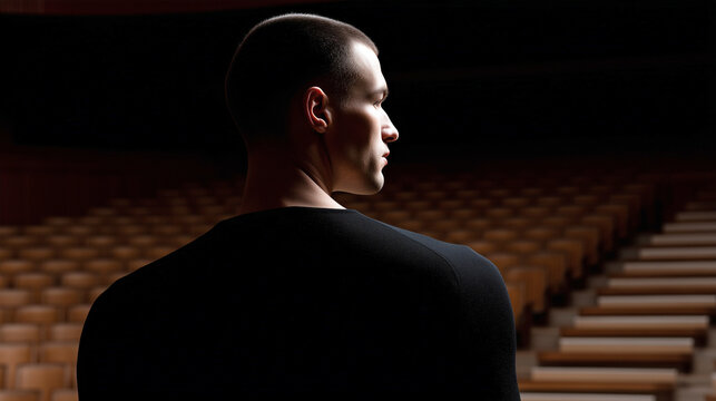 Man facing empty auditorium rows, dramatic shadow lighting. Powerful metaphor for confidence, leadership, mental resilience, stage fright, ideal for business, motivation, speaking content.