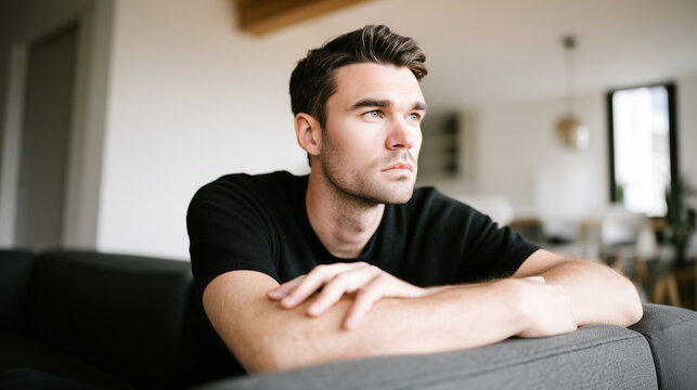 Pensive young man leaning on sofa back, gazing away in minimal bright living room. Loneliness, depression, stress, isolation concept, ideal for mental health, lifestyle, domestic, wellbeing content.