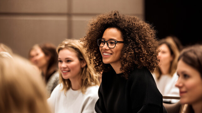 Smiling diverse woman with curly hair and glasses engaged during conference seminar, colleagues around. Enthusiastic audience, corporate learning, education event ideal for business, inclusion content