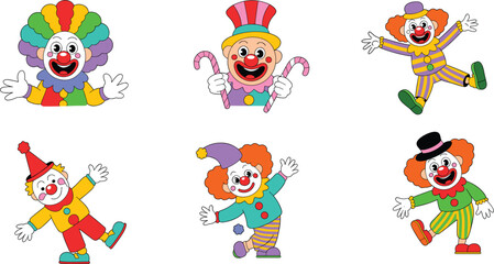 Fototapeta premium Funny clown characters set, colorful circus performers collection with smiling faces and playful costumes