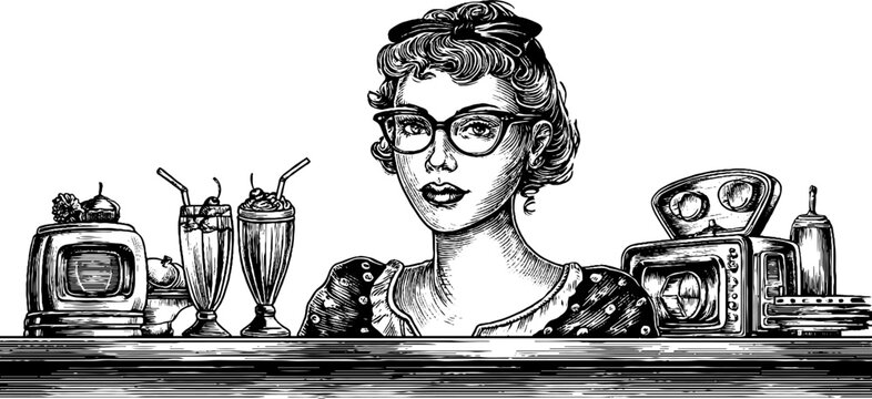 Young woman serving milkshakes behind diner counter