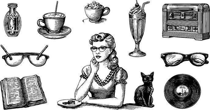 Woman with glasses and cat among retro diner items