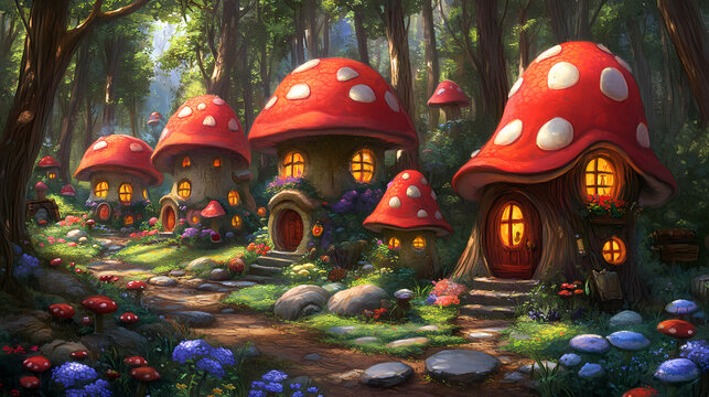 Enchanted Mushroom Village in a Sunlit Forest
