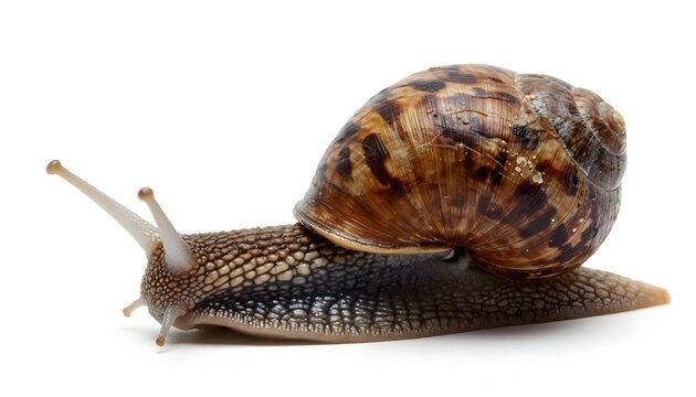 Garden snail with detailed shell and textured body on a clean white background