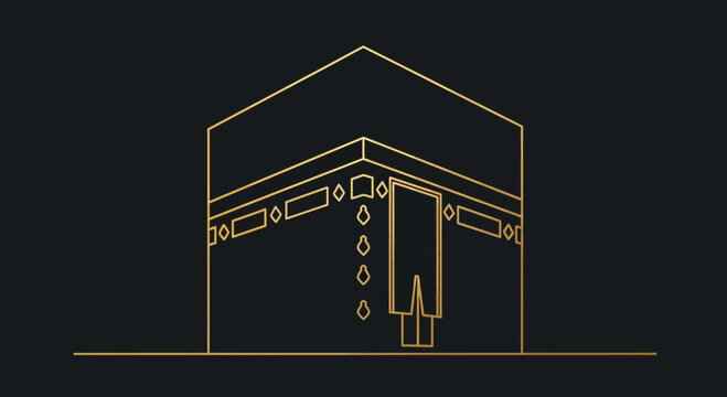 Golden Kaaba Outline Icon on Black Background - Islamic Symbol, Mecca Holy Site