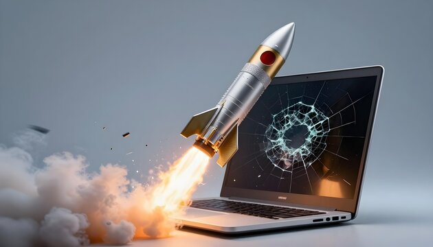 Silver and gold rocket launching from a laptop with a shattered screen