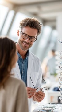 Smiling Caucasian optometrist assisting a female patient in an optical store.