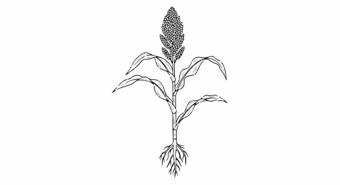 Black and white line drawing of a sorghum plant with roots, leaves, and seed head