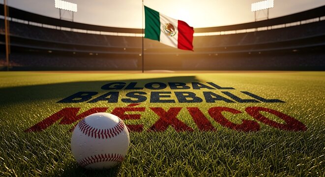 Global baseball game in mexico with a baseball on the field and flag