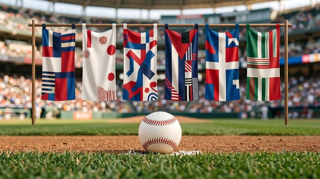 Baseball jerseys from various countries hang on a line at a stadium with a baseball