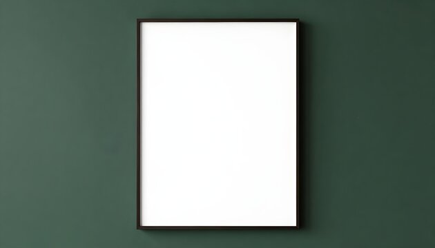 Minimalist vertical empty white canvas in a dark frame against a deep green wall