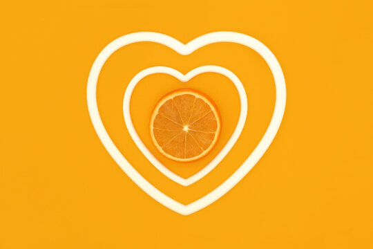 Orange citrus fruit, summer healthy fruits  food art design, white heart shaped frames on yellow background. High in antioxidants, flavonoids, vitamin c.
