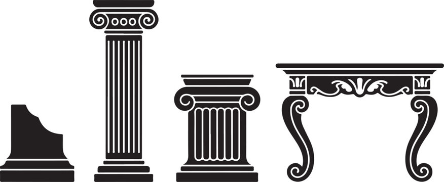 Ancient greek architectural columns and ornate table silhouette set featuring corinthian pillars and decorative furniture ruins.