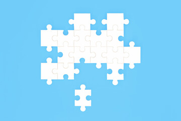 Naklejka premium Jigsaw puzzle with missing piece on blue background. Opportunities for business problem solving, communication, partnership, teamwork concept.