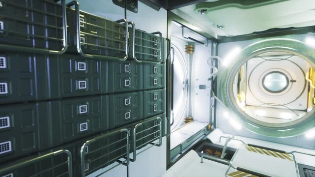 Eerie empty space module atmosphere. Silent abandoned station with flickering lights. Dark secluded module with shadows and tense atmosphere