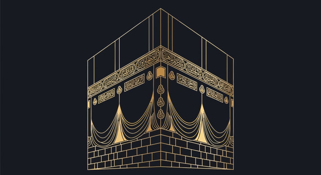 Golden Kaaba Illustration on Black Background - Islamic Sacred Site