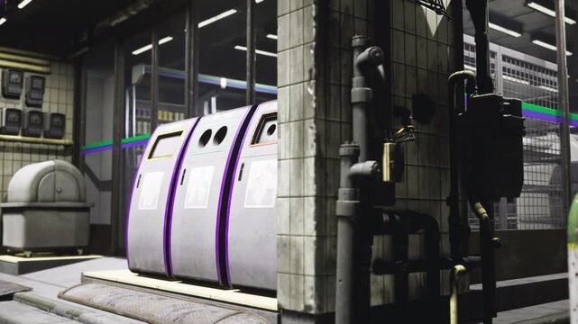 Underground subway depot at night purplelit generator pod beside concrete pillar exposed pipes control boxes empty platform fluorescent reflections industrial