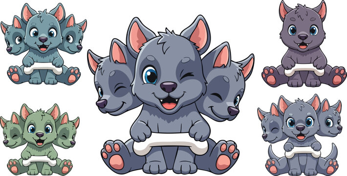 Cerberus cartoon character set, cute three headed dog vector illustrations, mythical hellhound puppy collection with bone, fantasy creature mascot