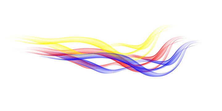 Ondas abstractas de luz en color amarillo, azul y rojo fluyendo sobre fondo transparente.