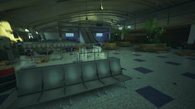 Empty airport terminal with vacant seats, overnight layover backdrop for traveler, dim overhead lighting, polished tile reflections, scattered planters, silent