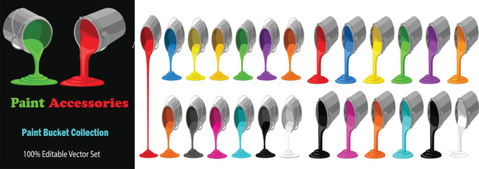 Colorful paint bucket collection with pouring liquid, 20 editable vector paint accessories, vibrant rainbow dye cans for renovation and art projects © rani