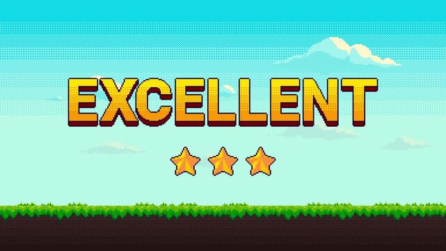 Pixel landscape scene with Excellent text and three stars. Grass ground and moving clouds present high score result and top achievement.
