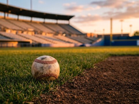 Baseball sitting on grassy field with empty stadium seats in background at sunset