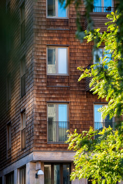 Timber residential facade architecture with modern urban windows in Stockholm Sweden showing Scandinavian housing detail and contemporary design in Scandinavia