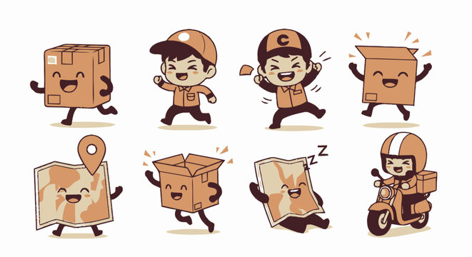 Cartoon delivery boxes and characters.