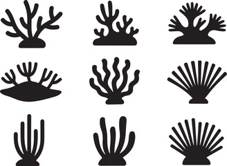 Fototapeta premium Marine life coral icons sea flora and fauna silhouettes for ocean and underwater themes decoration.