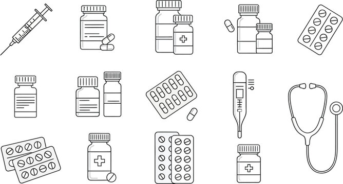 Collection of medical including syringe, pill bottles, blister packs, thermometer, and stethoscope healthcare