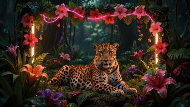 Wildlife Leopard Resting in Lush Tropical Foliage