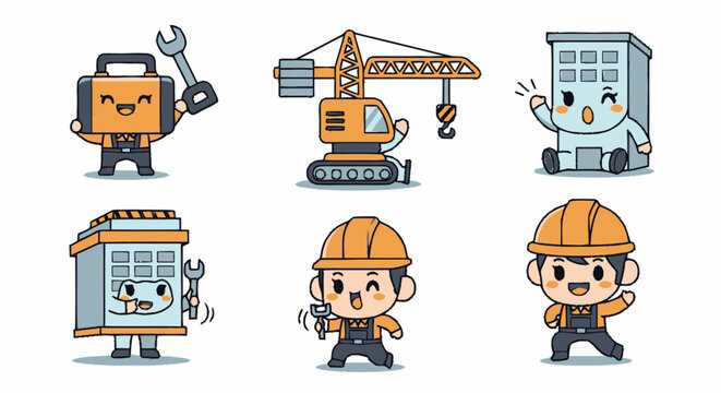 Construction workers and machines cartoon characters.