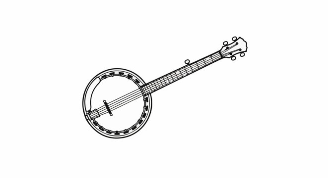 Black line drawing of a banjo on a white background