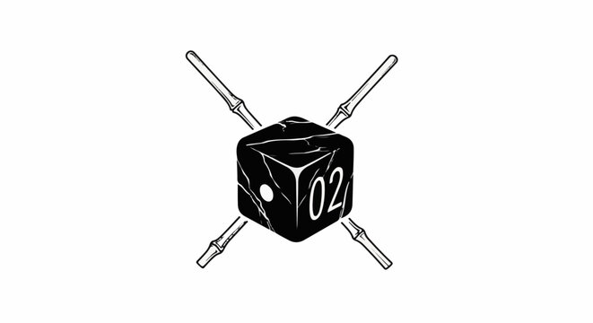 Black marbled dice with bamboo sticks crossed behind it