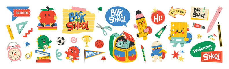Fototapeta na wymiar Cute colorful back to school sticker set vector. Kids education doodle icons with backpack, books, pencil, apple, ruler, alarm clock, notebook for classroom banner.