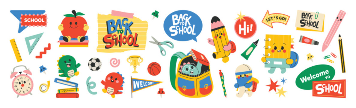 Cute colorful back to school sticker set vector. Kids education doodle icons with backpack, books, pencil, apple, ruler, alarm clock, notebook for classroom banner.