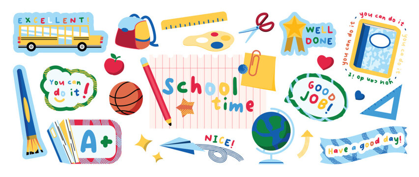 Cute back to school sticker set vector. Colorful kids education doodle labels with school bus, backpack, trophy, clock, ruler, scissors, paint palette and classroom supplies.