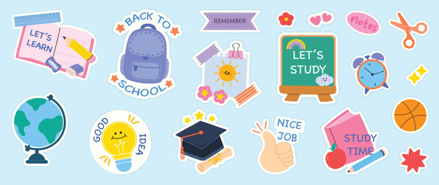 Cute back to school study sticker set vector. Pastel kids education doodle labels with backpack, globe, chalkboard, notebook, clock, pencil, cap and classroom supplies.