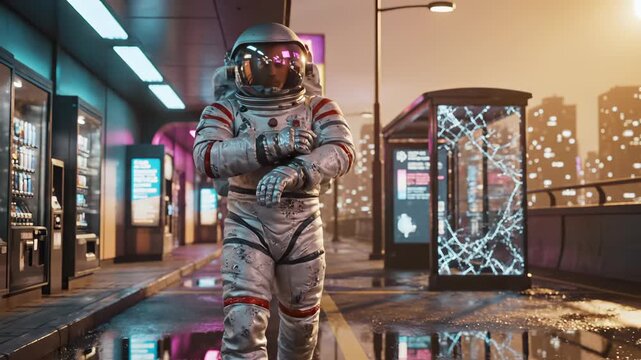 Astronaut runs through subway station with broken glass display. Running astronaut in spacesuit passes subway kiosk. Astronaut moves through futuristic station. Subway astronaut runs past broken glass