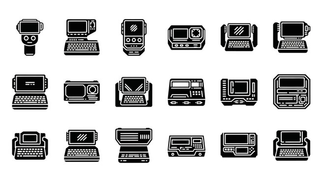 20 Vintage Typewriter Icons, Retro Keyboard Illustrations, Black and White Vector Graphics, Typographic Symbols, Computer Equipment Clipart