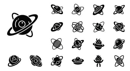 Black planet icons, space symbols, astronomy signs, 20 vector graphics © Olivia