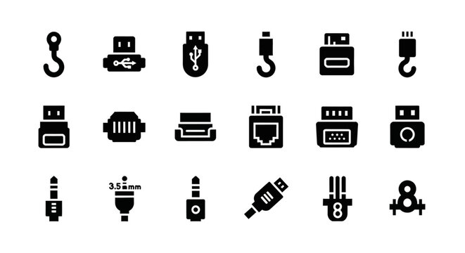 USB connector icons, plug symbols, cable ports, computer peripherals, technology signs